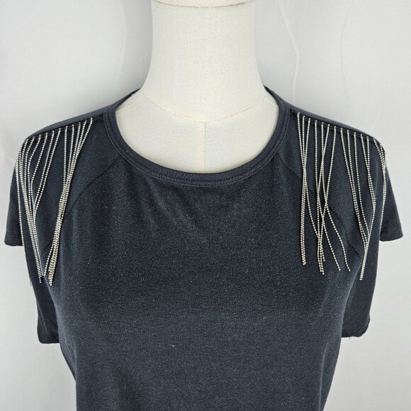 Rebecca Minkoff Black Knit Top Large Silver Bead Fringe Short Sleeves Designer - Picture 9 of 9